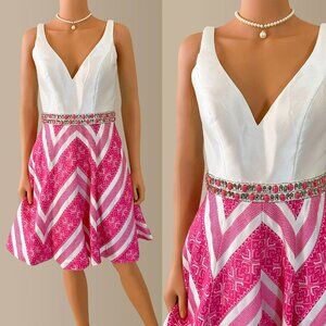 Mac Duggal beaded white & pink fit & flare cocktail dress